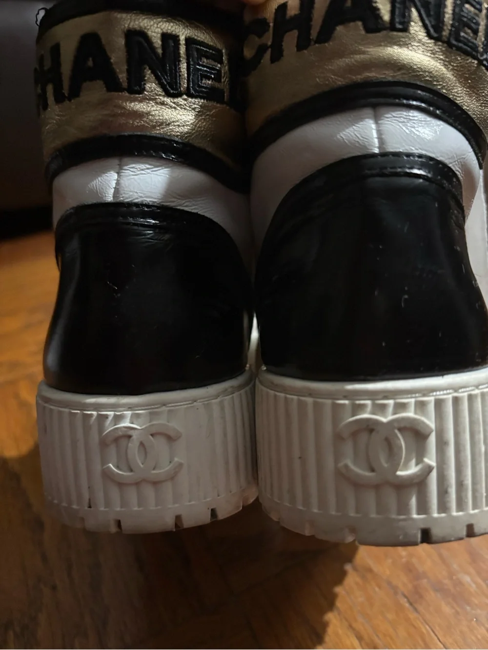 CHANEL White and Black Logo High-Top Sneakers